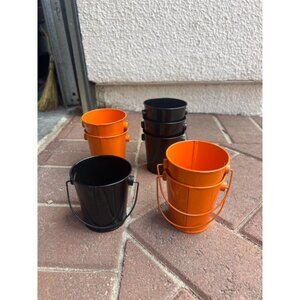 8 Piece Mini Bucket Flower Pots Succulent Metal Pots with Handles Black & Orange